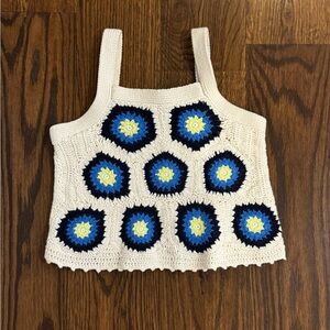 Crochet Tank Top with Blue and Yellow Floral Design XS (4-5)